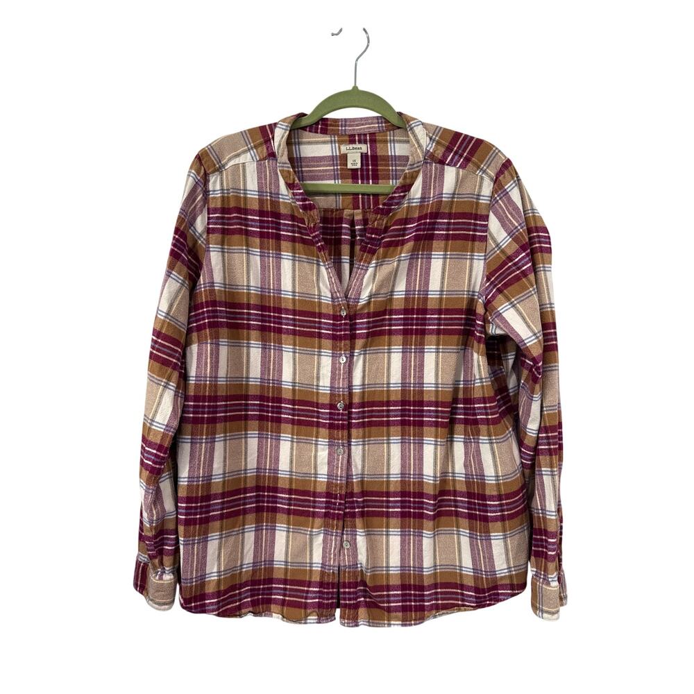 LL Bean Flannel Raspberry Tan Plaid V Neck Band Collar Shirt, 1X